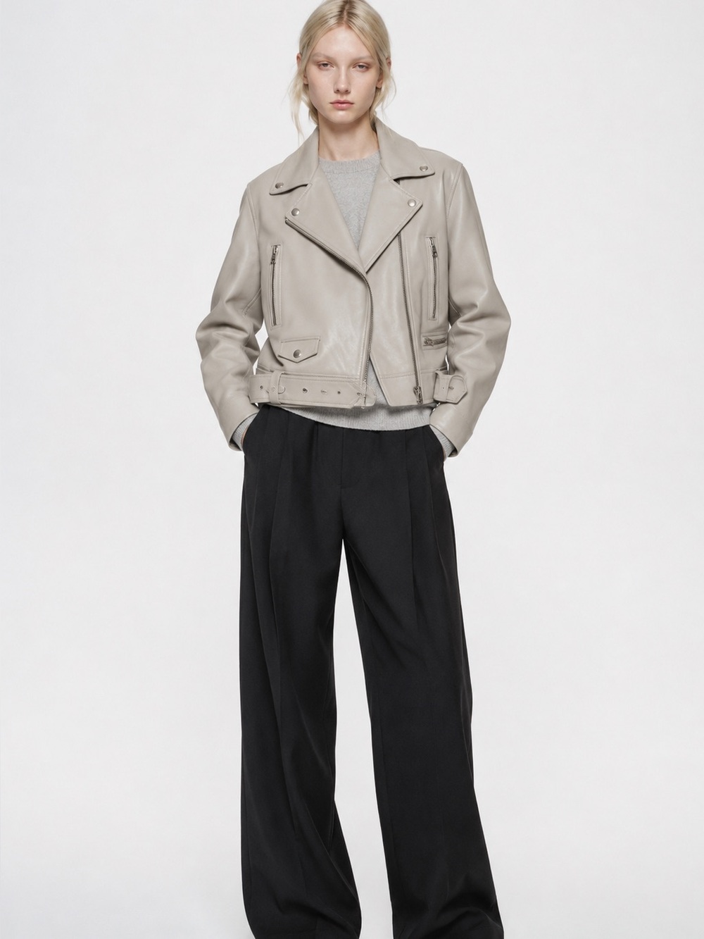 Acne Studios Merlyn Oversized Leather Moto Jacket 38 Dove Gray Lamb Leather - Picture 2 of 16